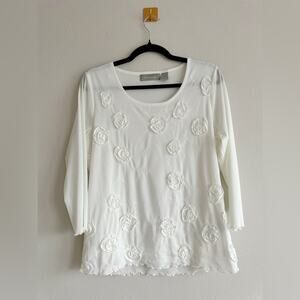 Y2K Liz Claiborne Rosette Mesh Top White Sheer Embroidered, Cottagecore Size L